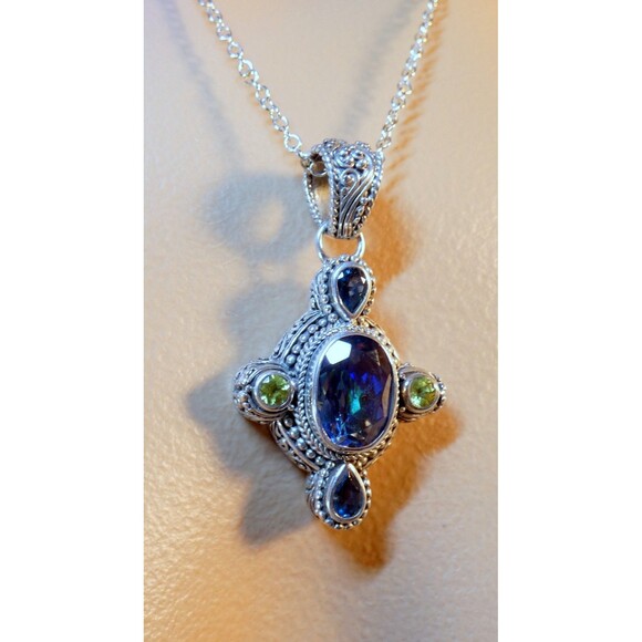 SARDA Bali Signed Sterling Silver Mystic Topaz-Peridot-London Topaz Pendant - Picture 11 of 12